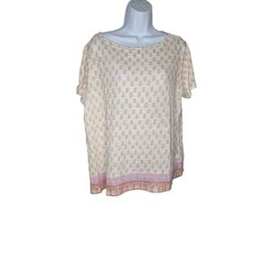 J.Jill Love Linen Women's 1X‎ Cream Gold Leaf Print Short Sleeve Top Boho